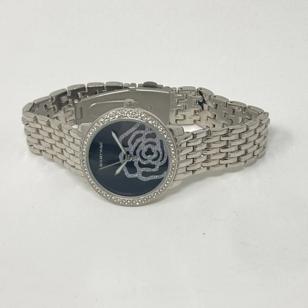 Rampage Womens Watch 36mm Floral Crystals Silver Tone Black Bling New Battery 8